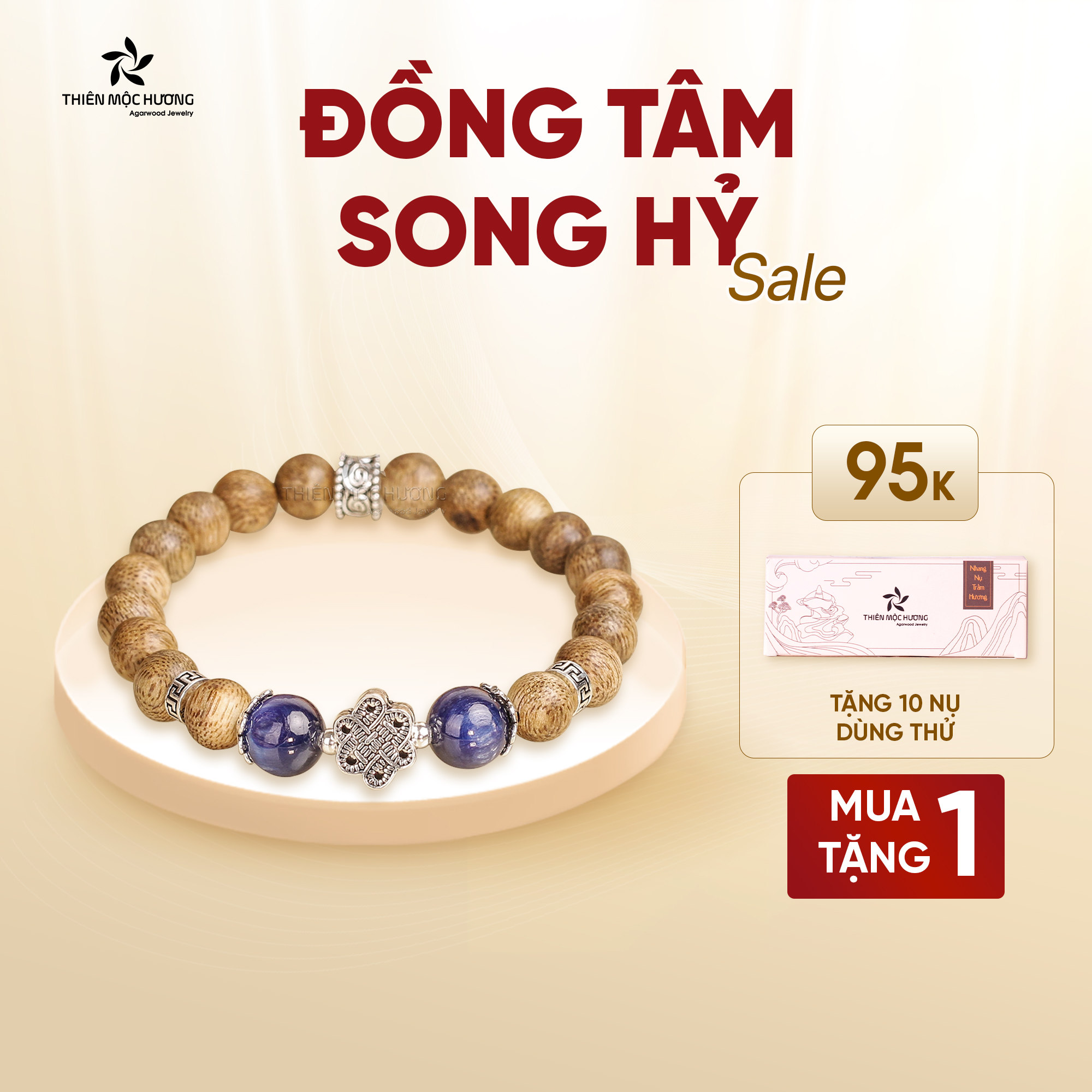 Vòng tay trầm hương tự nhiên Đồng Tâm Song Hỷ - Charm bạc 925 và đá Phong Thủy - An lành, hạnh phúc - Trầm Tốc Việt Nam - Thiên Mộc Hương