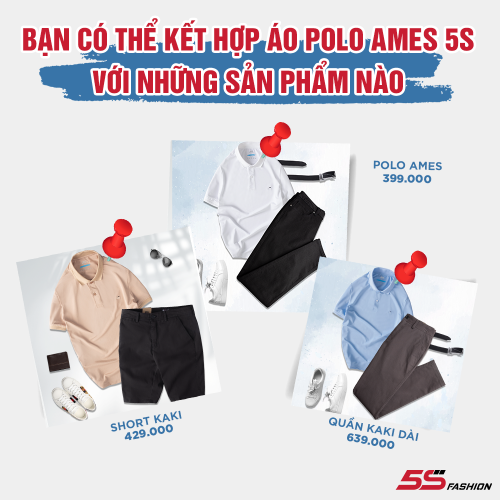 Áo Thun Nam AMES Có Cổ Trơn 5S , Vải Coolmax Co Giãn Nhẹ, Phối Logo Thêu Trẻ Trung, Phom Cơ Bản