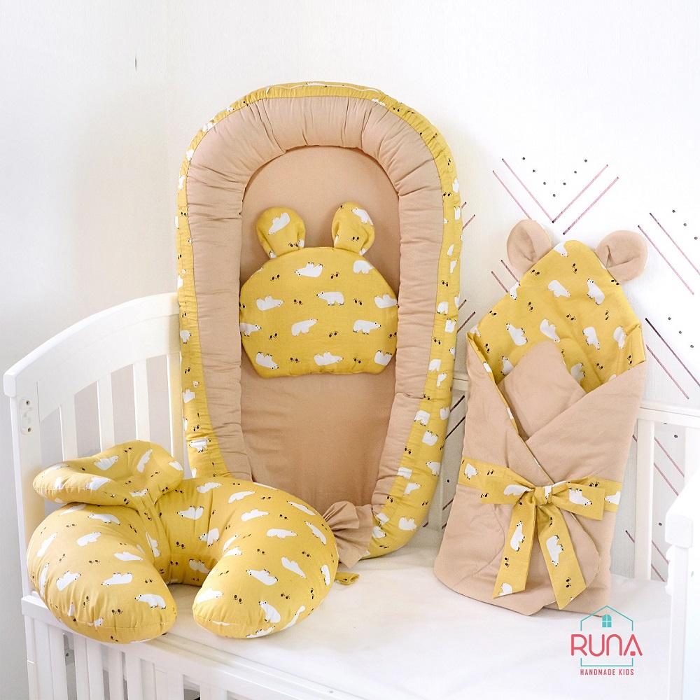 Combo nôi, chăn, gối lót đầu, gối hỗ trợ bé bú cho bé sơ sinh RUNA KIDS chất liệu Satin cao cấp, mềm mịn, an toàn cho bé