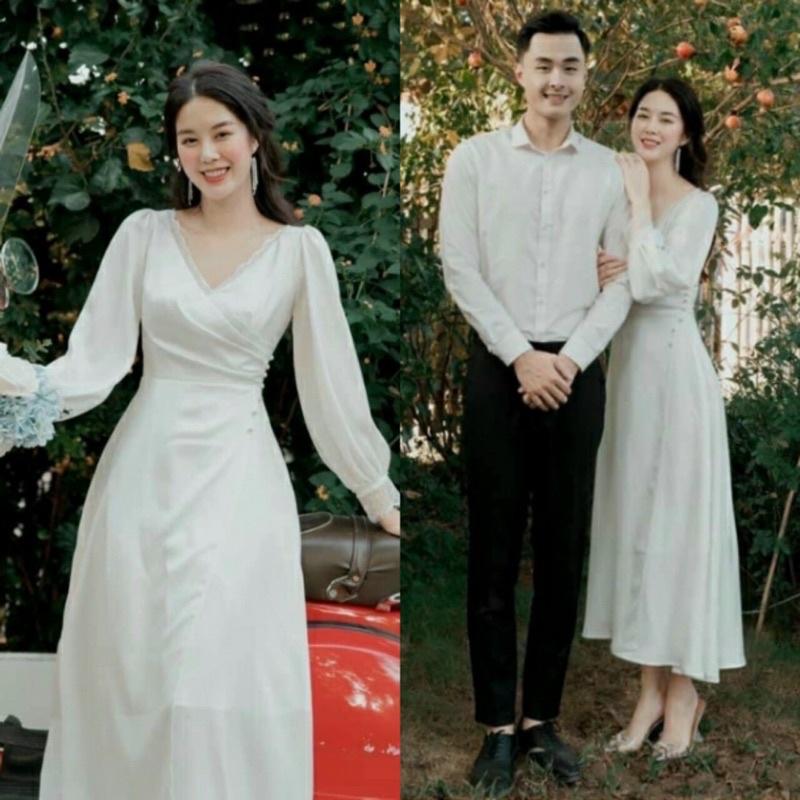Đầm midi trắng chéo cổ đính hạt