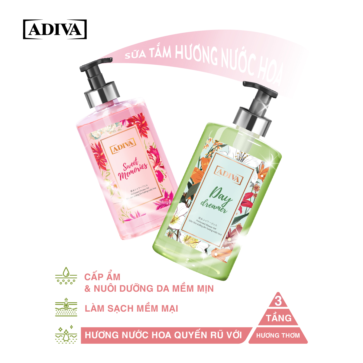 Combo 2 Chai Sữa Tắm Dưỡng Ẩm Hương Nước Hoa Adiva Day Dreamer (400ml/Chai)