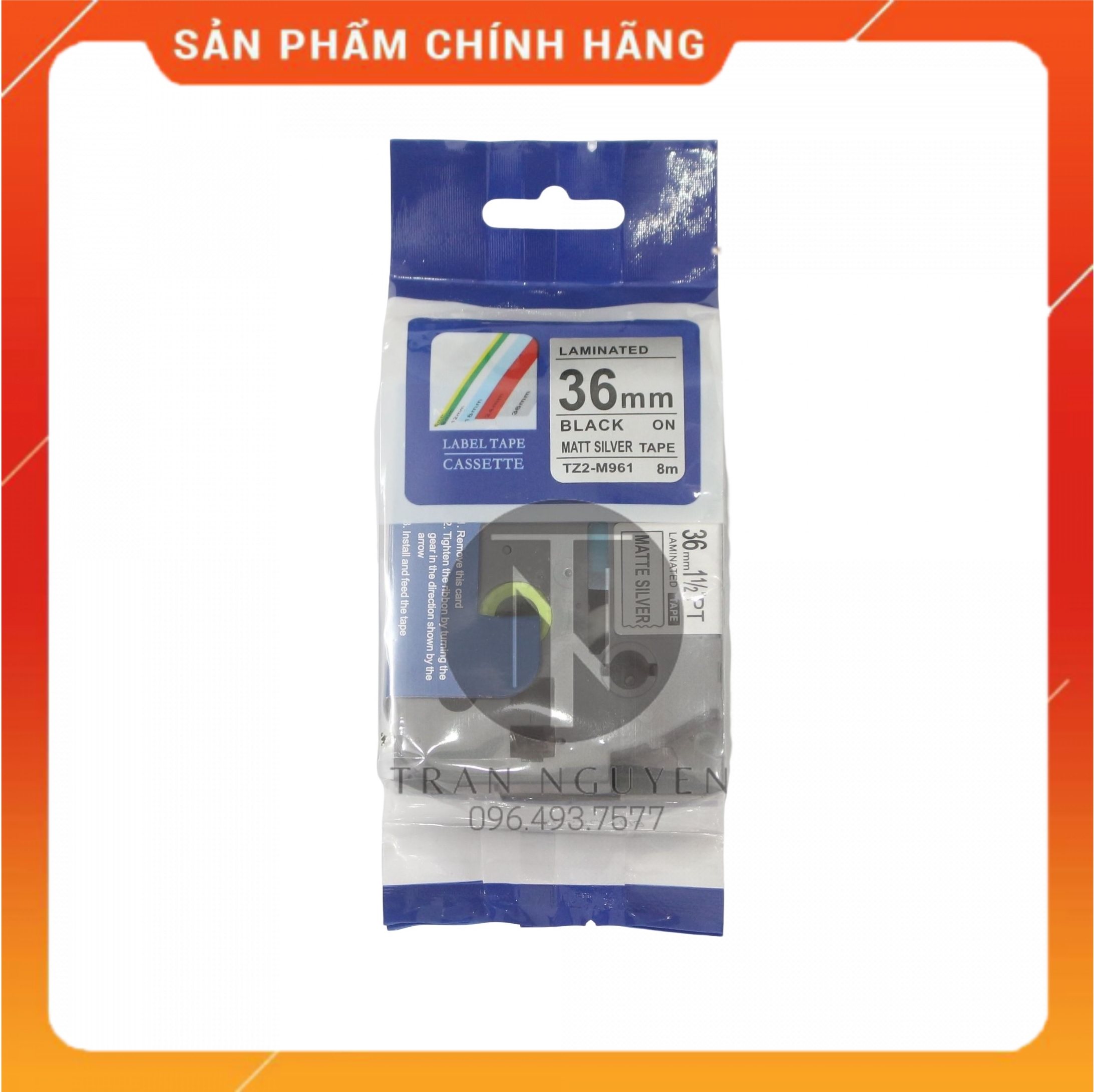 Nhãn In đa lớp Tz2-m961 - Đen nền bạc 36mm x 8m - Hàng nhập khẩu