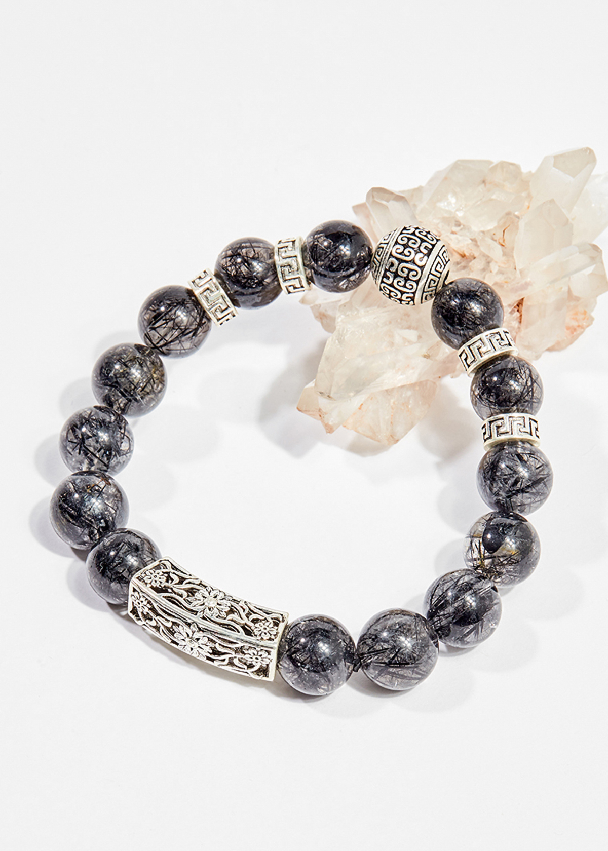 Vòng tay phong thủy đá thạch anh tóc đen charm bạc 13mm mệnh thủy , mộc - Ngọc Quý Gemstones