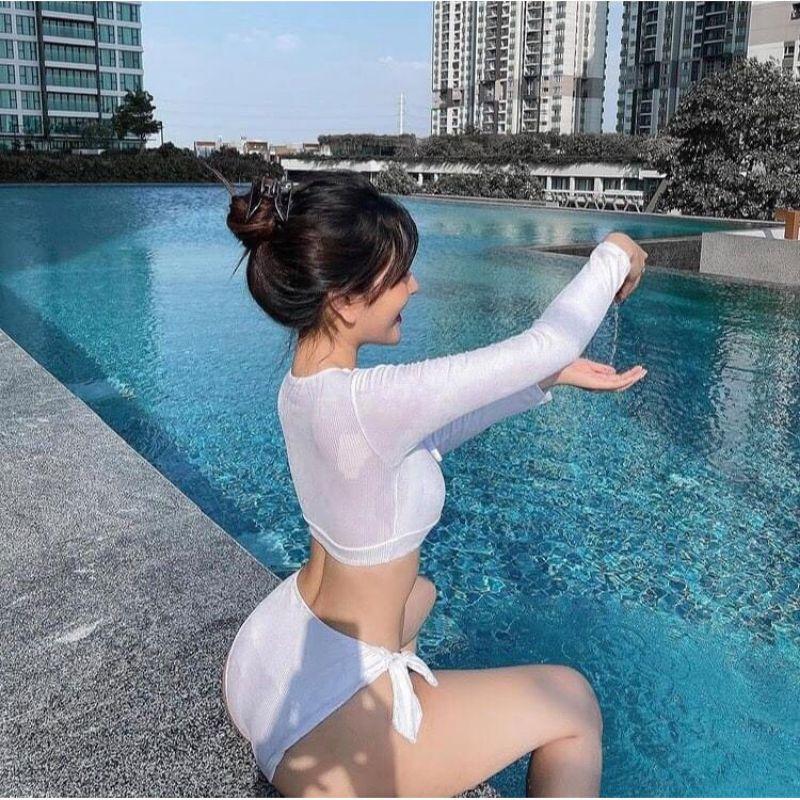 bikini đồ bơi tay dài phối nơ kèm hình ảnh thật