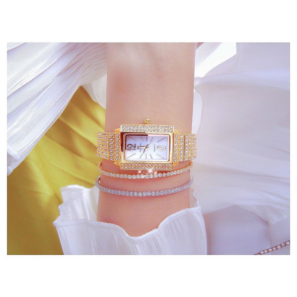 Đồng hồ thời trang nữ hình chữ nhật Bs Bee Sister đính cườm ( Không kèm vòng ) VOU D333 - Vàng