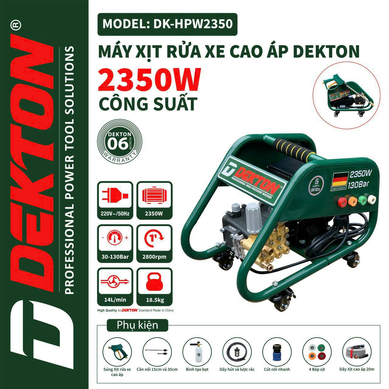 Máy Rửa Xe Công Nghiệp Dekton DK-HPW2350 - Công Suất 2350W - Có Chỉnh Áp - Motor Đầu Rời - Có Bánh Xe