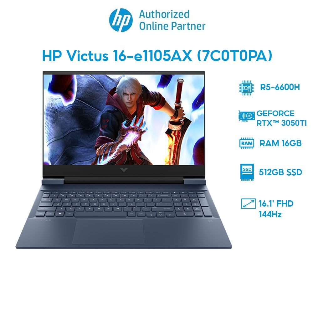 Laptop HP Victus 16-e1105AX (7C0T0PA) (R5-6600H | 16GB | 512GB | GeForce RTX 3050Ti 4GB | 16.1' FHD 144Hz | Win 11)- Hàng chính hãng