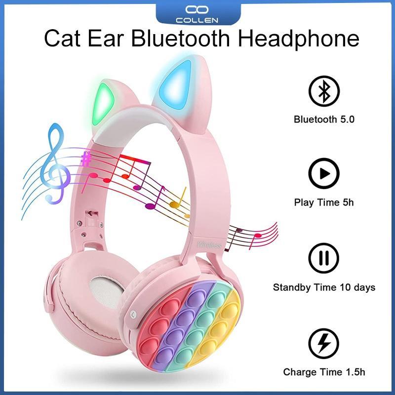 Tai nghe bluetooth không dây có hình tai mèo dễ thương có đèn LED và micro