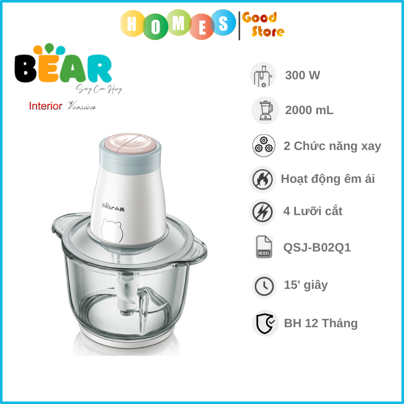 Máy Xay Thịt, Máy Xay Thực Phẩm Đa Năng Xay Cực Êm BEAR QSJ-B02Q1 Dung Tích 2 Lít, Công Suất 300W - Hàng Chính Hãng