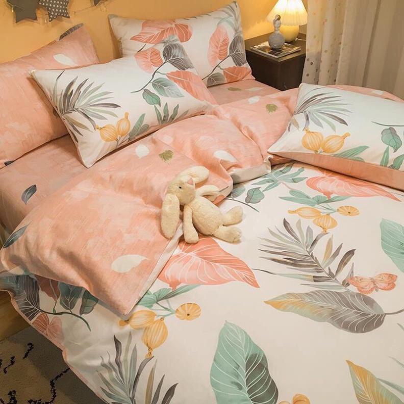 Bộ chăn ga gối Cotton poly Miha Bedding Lá đỏ, vỏ chăn mền, drap nệm và 2 vỏ gối