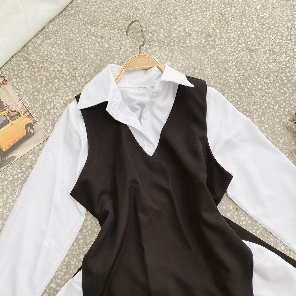 Set đầm sơ mi trắng đuôi cá + gile ngoài