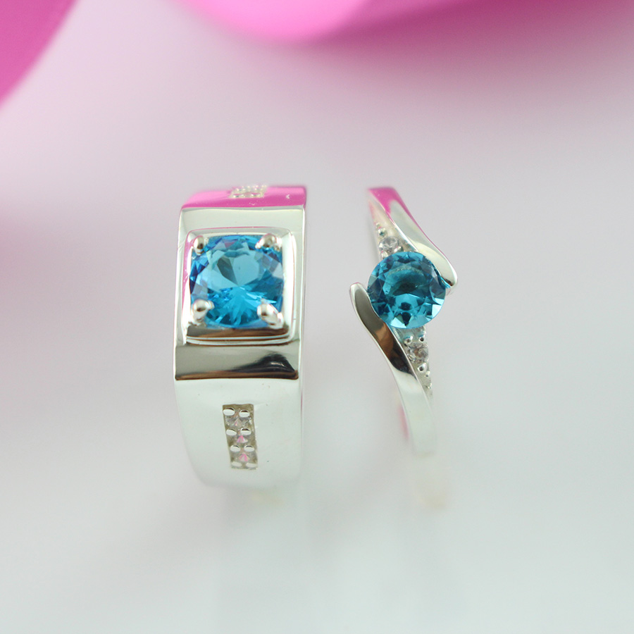 Nhẫn đôi bạc nhẫn cặp bạc đính đá xanh dương ND0042