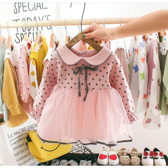 Váy bé gái form baby doll tay dài dành cho bé gái sơ sinh - 3 tuổi
