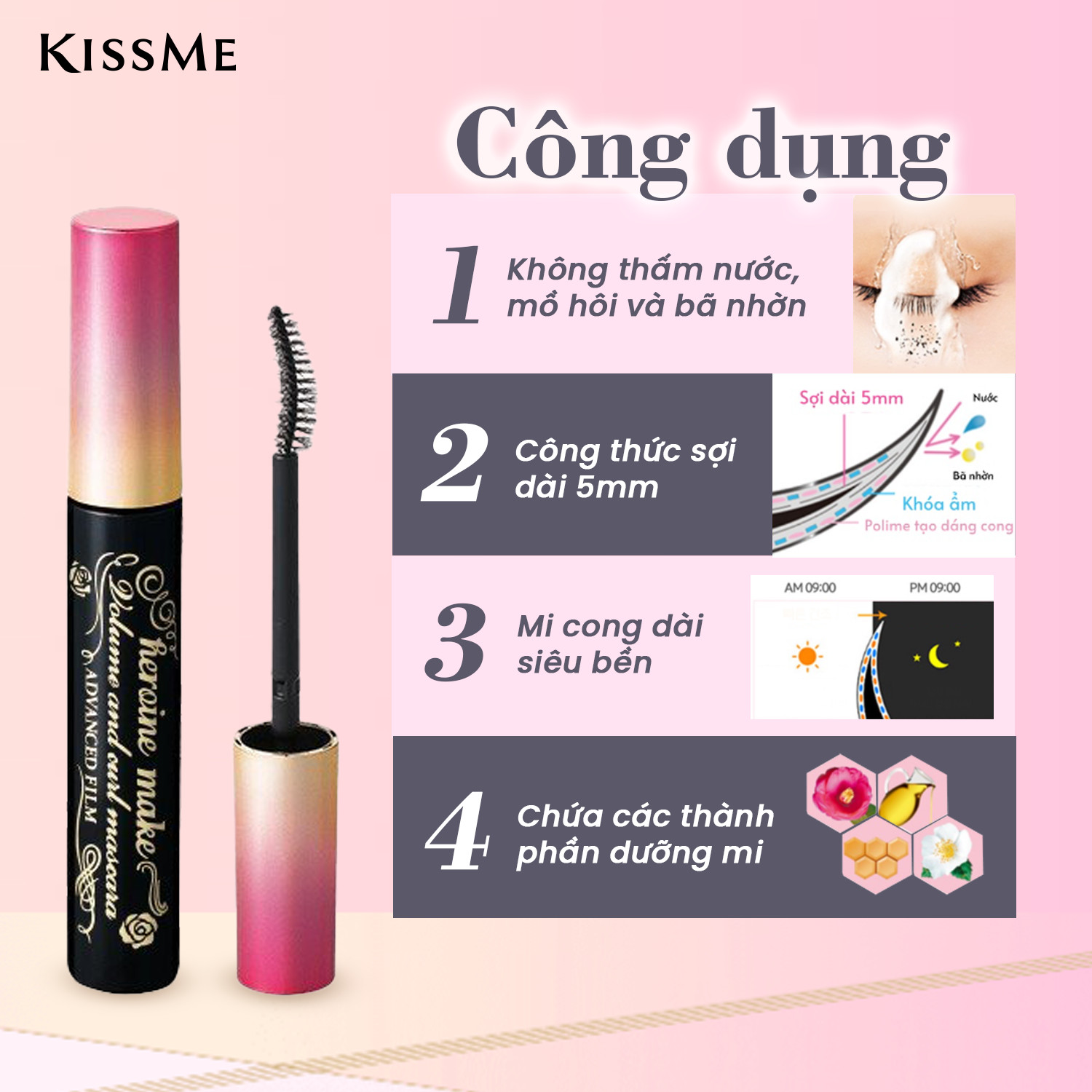 Mascara Dạng Màn Film Kissme Heroine Make Chống Trôi, Giúp Nâng Cong Và Dài Mi (6G)