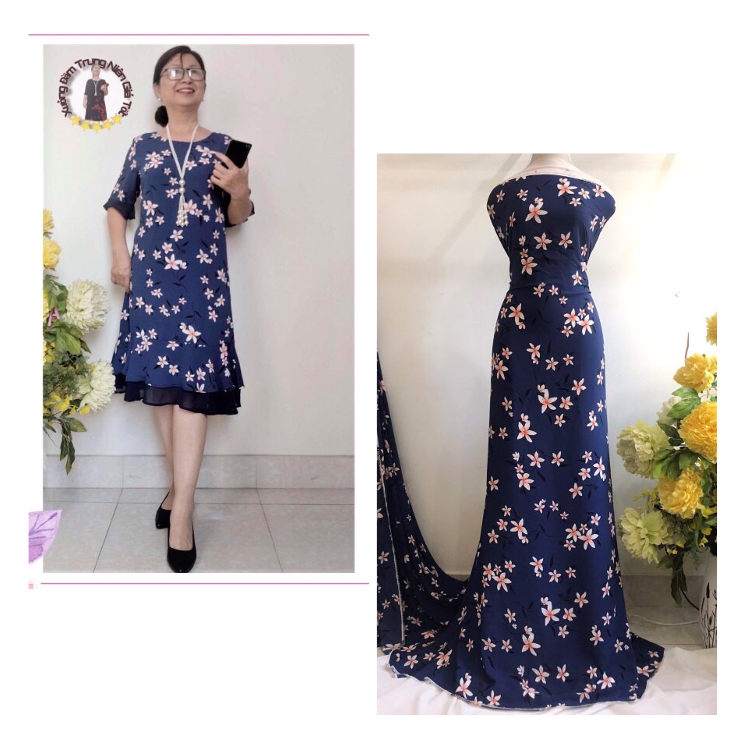 Vải Lụa Hoa Kem Nền Xanh, Khổ 1m5, Chất Mềm Mịn, Rũ Trượt, Không Co Giãn - May Đầm, Váy, Áo Dài
