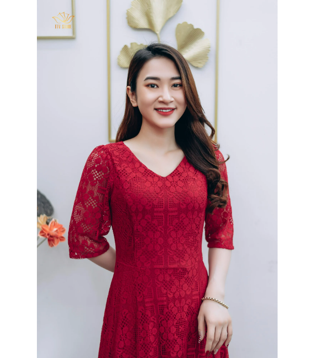 Đầm xòe ren thiết kế TTV Store Cổ tim tay lỡ gam màu Đỏ tươi thời trang TTV1219 tươi sáng, sang trọng