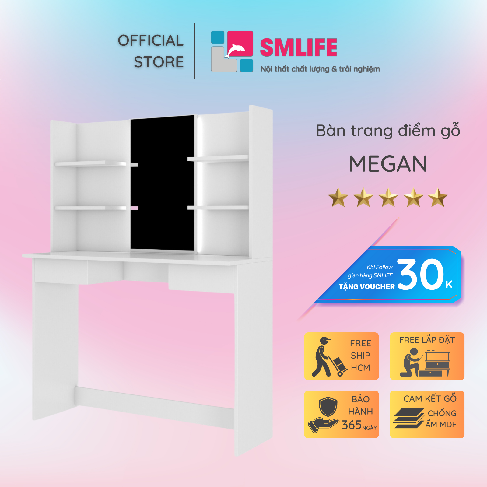 Bàn trang điểm gỗ hiện đại SMLIFE Megan | Gỗ MDF dày 17mm chống ẩm | D120xR45xC140cm