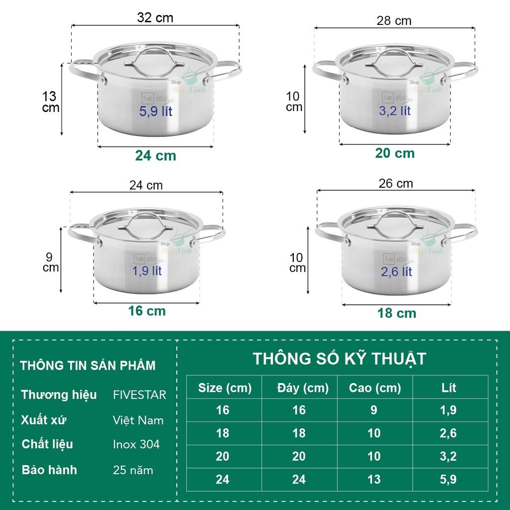 Bộ nồi chảo chống dính sâu lòng tổ ong 3 lớp đáy liền inox 304 Fivestar Plus 5 món quai oval nắp inox, tặng 1 sạn inox