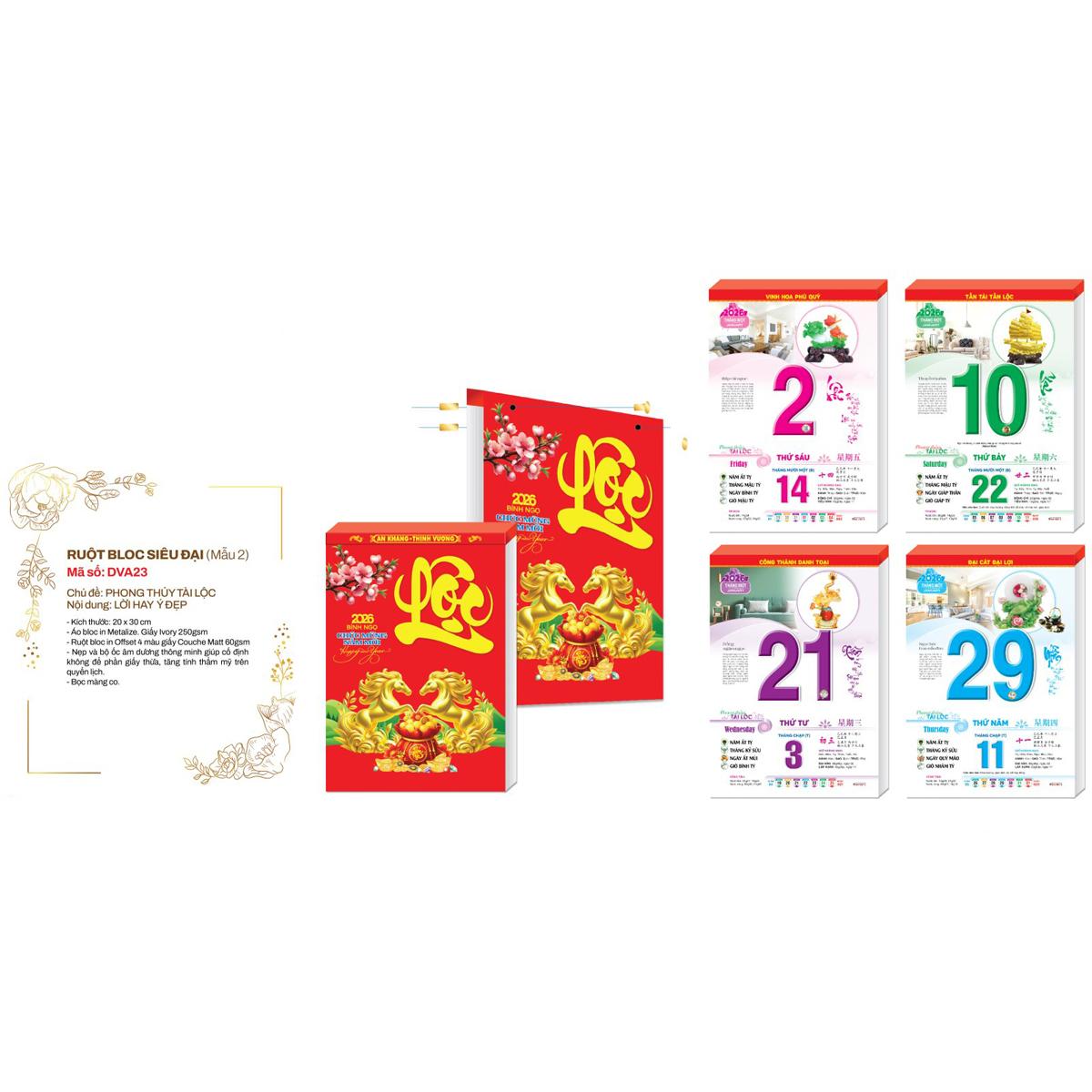 Lịch Bloc Siêu Đại 2026 - Phong Thủy Tài Lộc - Lời Hay Ý Đẹp - Đại Việt Á DVA23