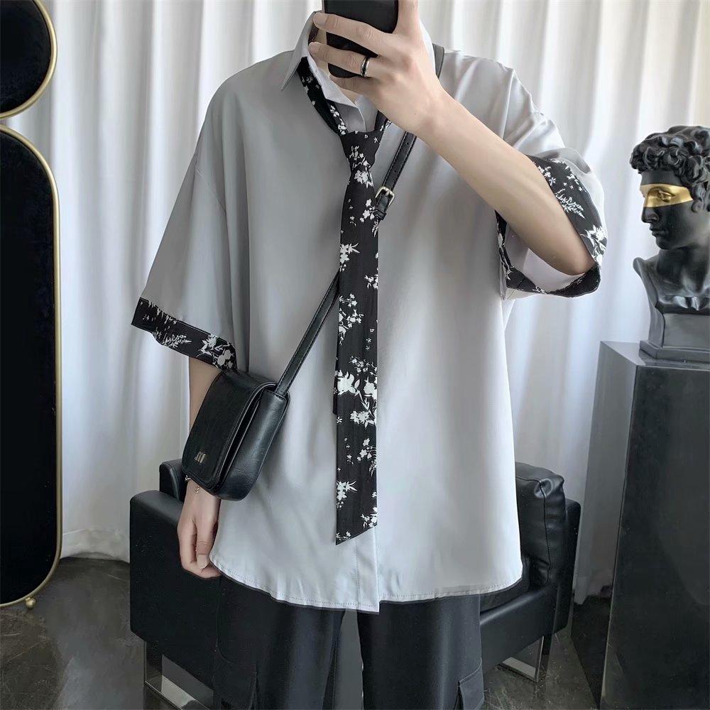 Áo sơ mi tay lỡ có cà vạt họa tiết hoa văn cho nam