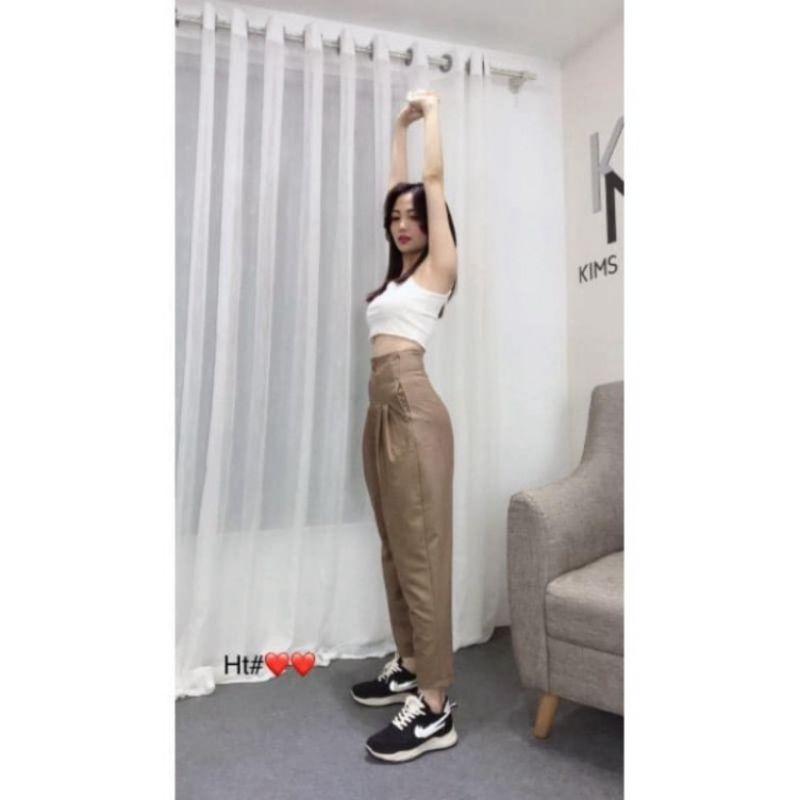 Quần Baggy Nữ Chất Vải Tuyết Mưa Loại Một Thiết Kế Cạp Cao Xếp Ly Với 2 Cúc Chắc Chắn