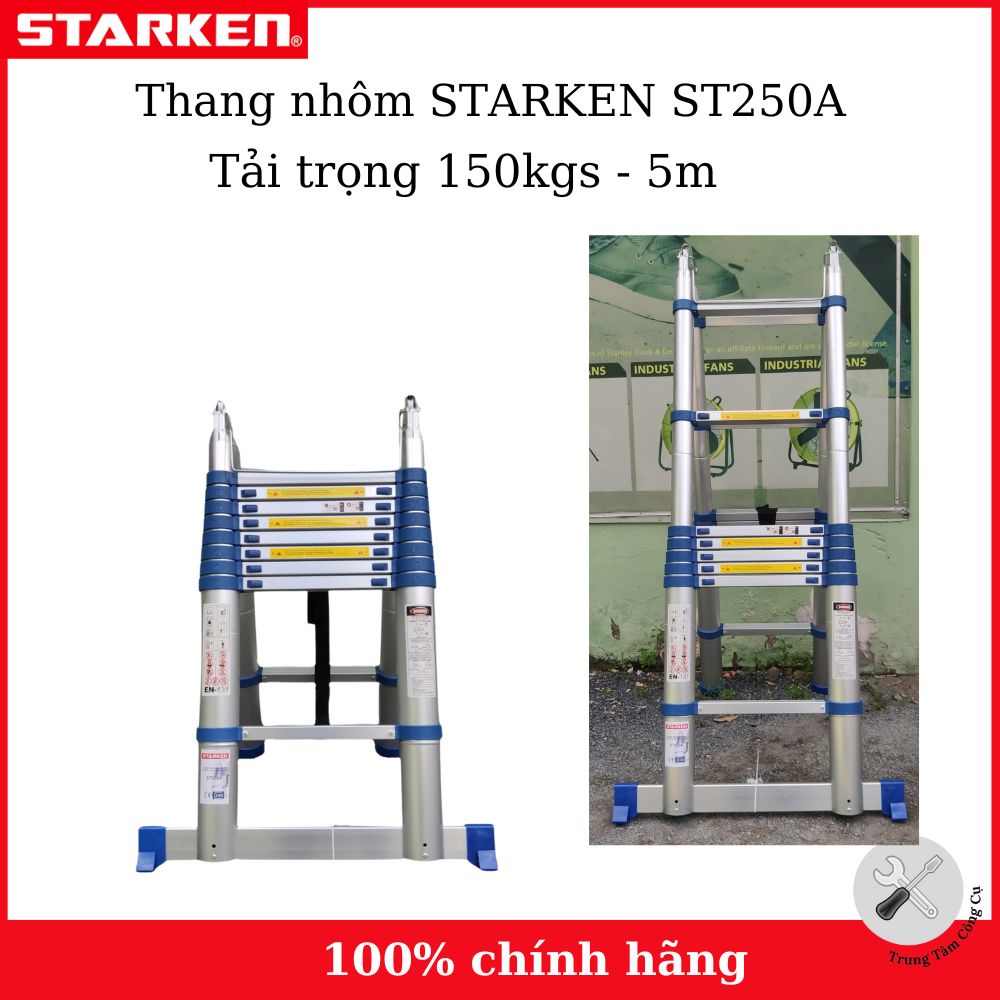 Thang chữ A Thang nhôm rút đôi (chữ A: 2.4m,chữ I: 5.0m) STARKEN ST250A tải trọng 300kgs (chữ A) 150ks (duỗi thẳng) màu xanh - Hàng chính hãng bảo hành 18 tháng