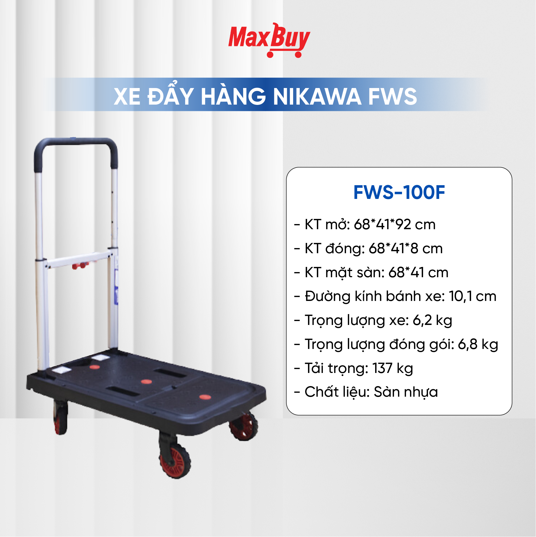 Xe Đẩy Hàng 4 Bánh Sàn Nhựa Không Võng Gấp Gọn Nikawa WFA-150DX Chống Ồn, tải trọng 150kg
