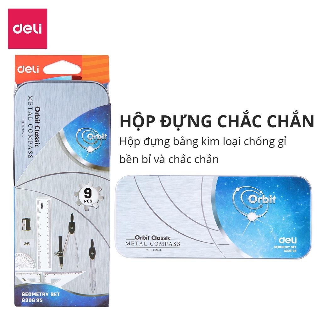 Bộ 9 Dụng Cụ Đo Lường Compa, Eke, Thước kẻ, Bút chì, Thước Đo Góc, Gọt Chì, Tẩy Học Sinh Kèm Hộp Sắt Tiện Dụng Deli - EG30695