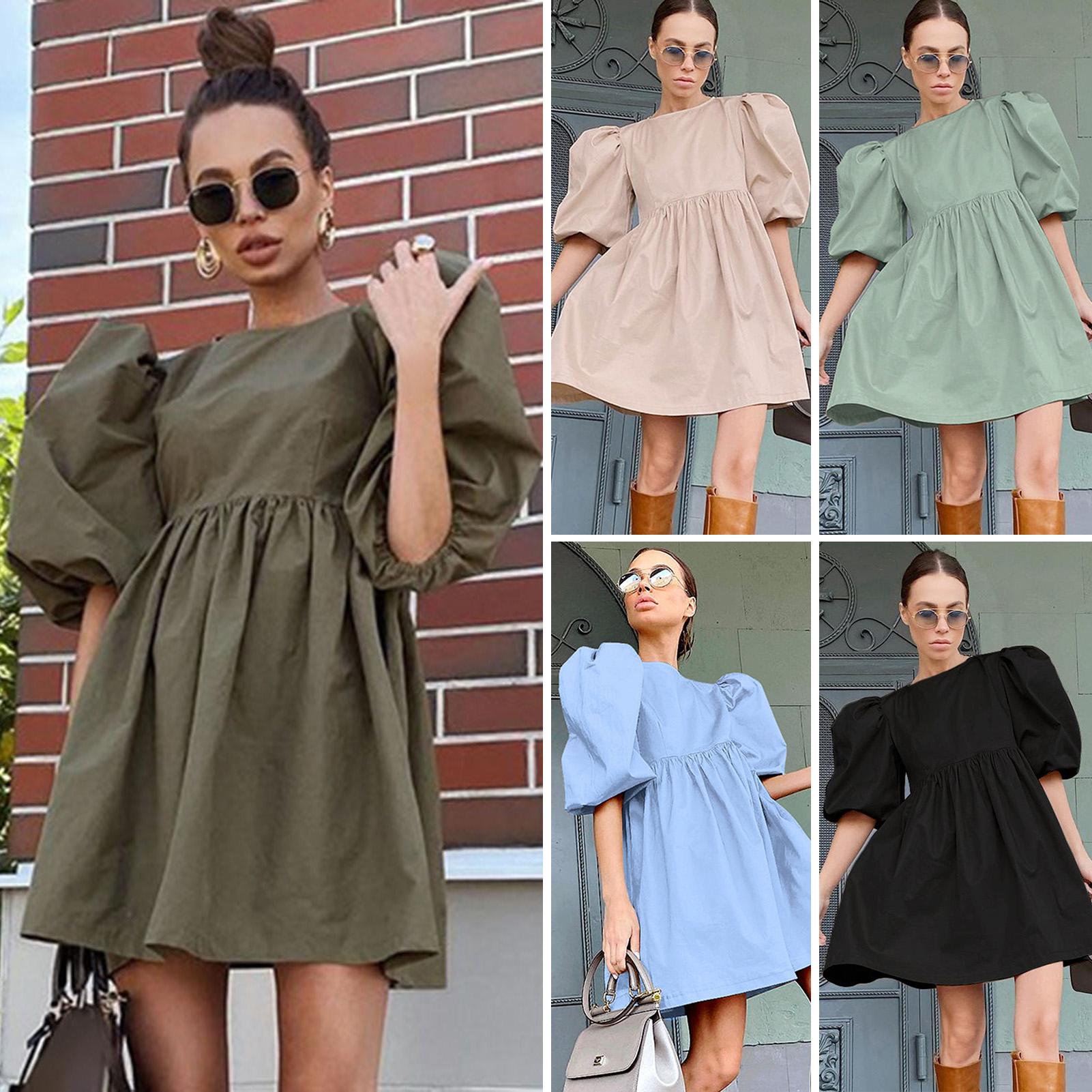 Women Fashion Dress Lantern Half Sleeve A Line Loose O-Neck Mini Dress Summer Dress