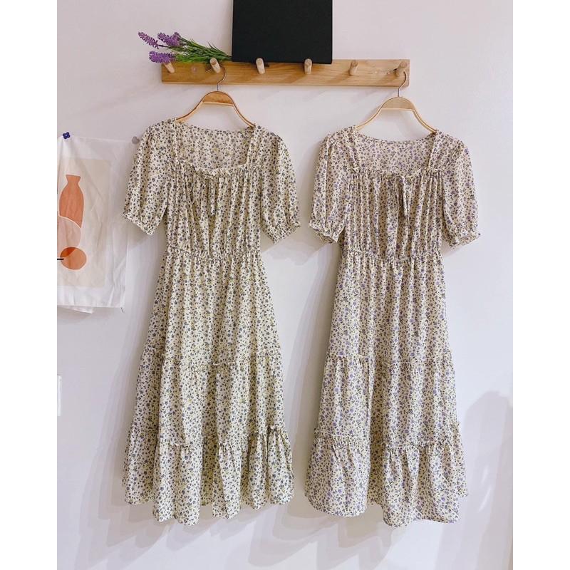 Váy Hoa Nhí Vintage Cổ Vuông Chun Eo 3 Tầng