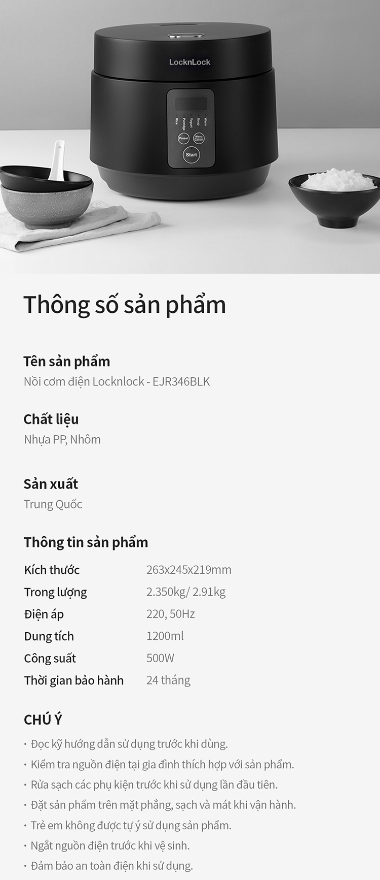 Nồi cơm điện Locknlock EJR346BLK (Giữ ấm 24h - 5 chế độ nấu - lòng nồi chống dính) 1.2 Lít - Black - Hàng chính hãng