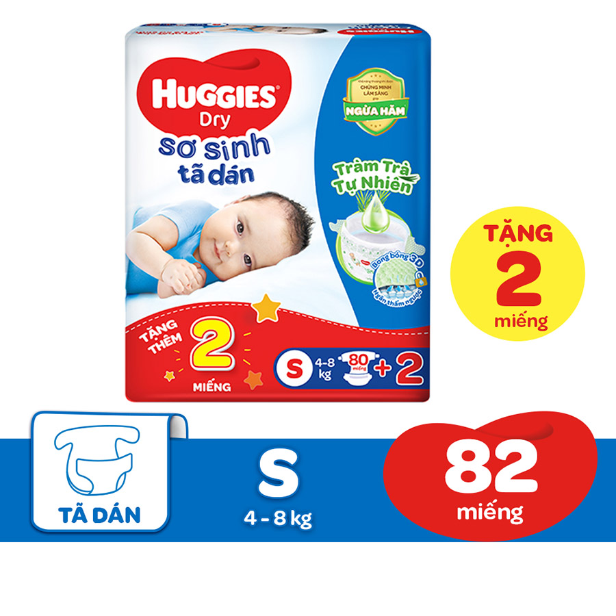 Tã dán sơ sinh Huggies mới - Gói 80 miếng Tràm Trà + Tặng 2 miếng