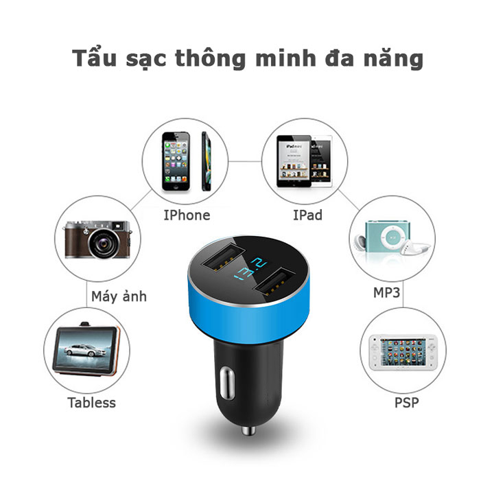 Tẩu sạc nhanh thông minh có màn hình led hai cổng USB hàng cao cấp