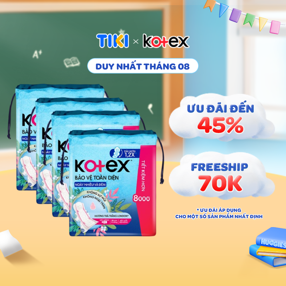 Lốc 4 Gói băng vệ sinh Kotex Bảo Vệ Toàn Diện Ngày Nhiều và Đêm 28cm Siêu Mỏng Cánh 14 miếng/gói [Bao bì thay đổi theo từng đợt nhập hàng