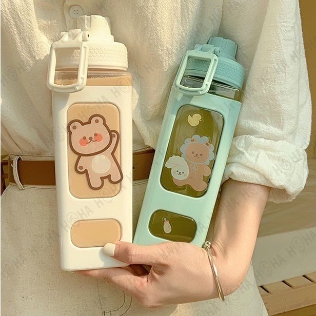 Bình nước đi học cute to hình vuông cỡ lớn dung tích 700ml có ống hút bằng nhựa không BPA tặng kèm sticker