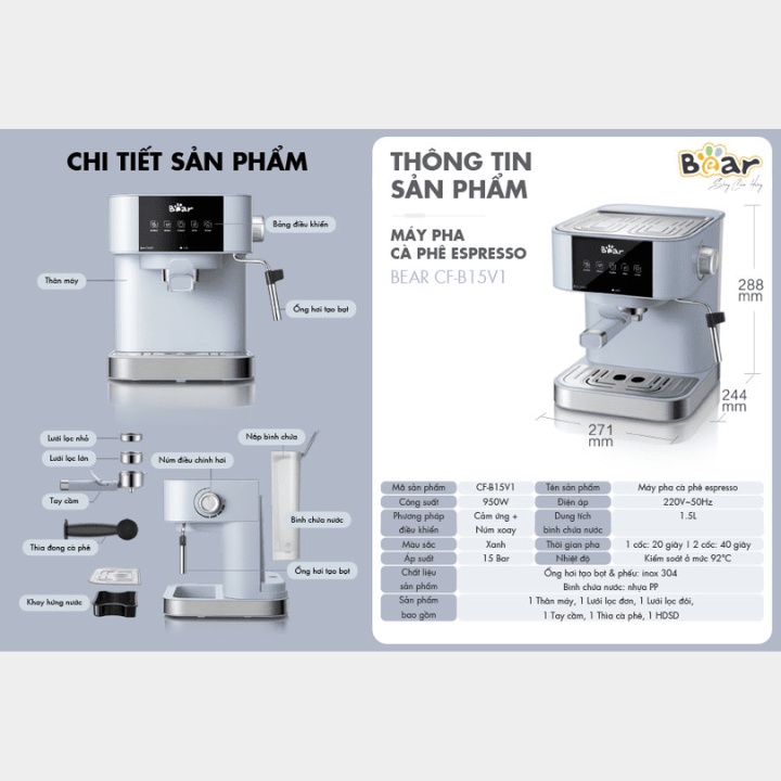 Máy Pha Cà Phê Bear Tự Động Đa Năng Pha Cafe, Pha Espresso Phù Hợp Với Gia Đình, Công Ty CF-B15V1 - Hàng chính hãng