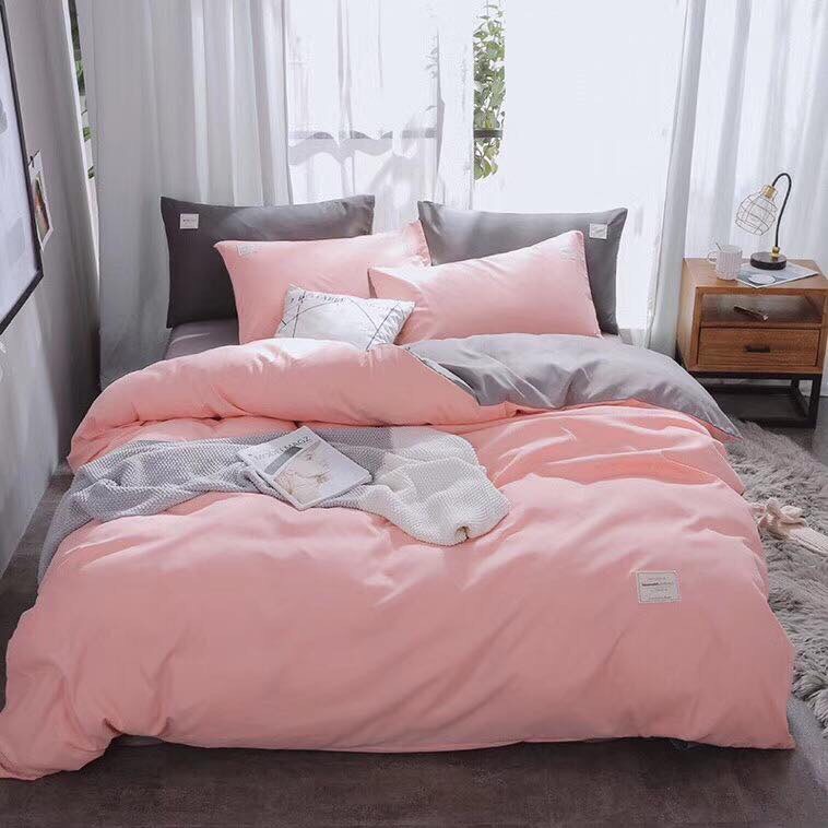 Bộ Vỏ Chăn Ga Gối Cotton Tici 100% - Hồng Nhạt-Xám
