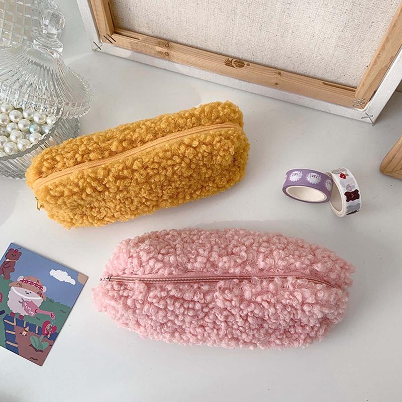 Túi Đựng Bút / Dụng Cụ Trang Điểm Bằng Vải Lông Có Khóa Kéo Tiện Dụng Cho Học Sinh / Văn Phòng