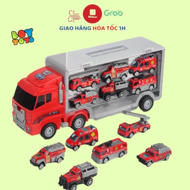 Đồ chơi xe container chở 6 xe hợp kim cứu hỏa, cảnh sát, quân sự, kĩ thuật mẫu mới có quai xách tiện lợi