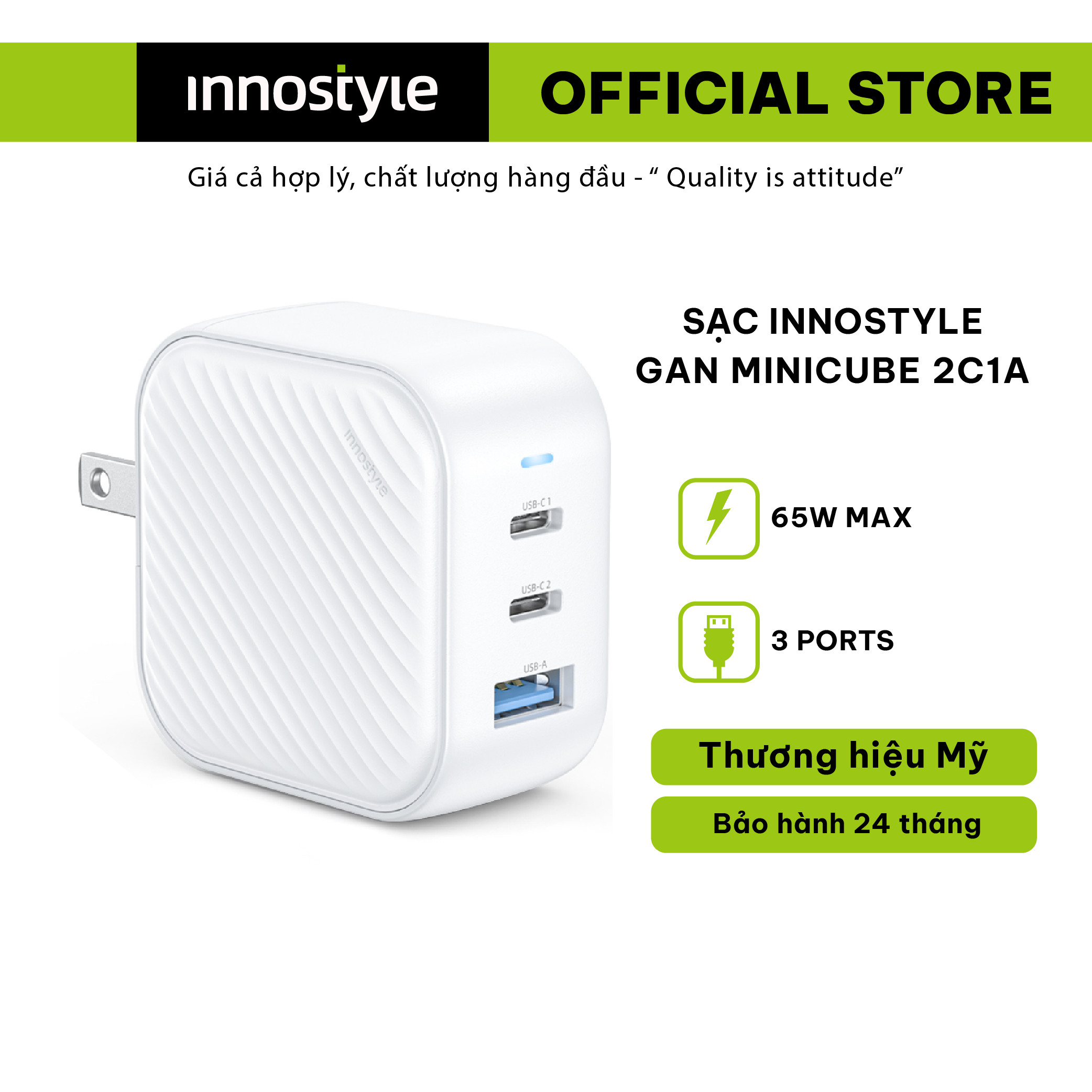 Sạc Innostyle Gan Minicube 2C1A 65W - IC65GWHT - Sức Mạnh Sạc Đa Năng và Tiện Lợi Tối Ưu, Hàng chính hãng