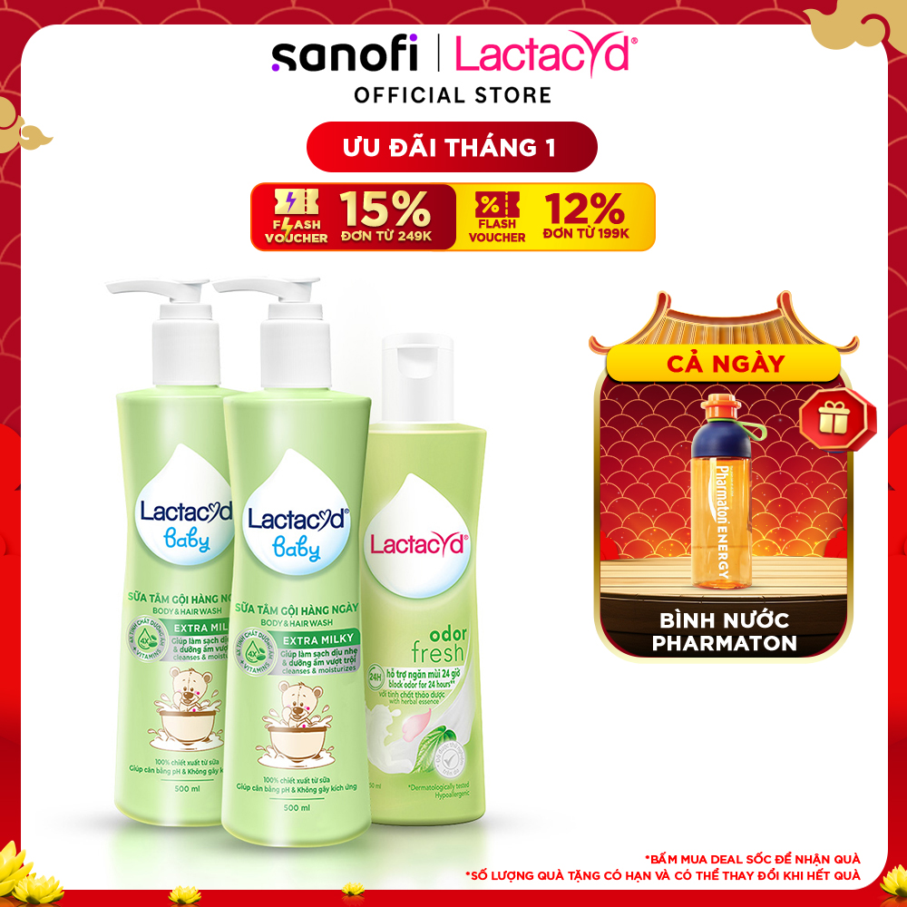 Bộ 2 Sữa Tắm Gội Trẻ Em Lactacyd Baby Extra Milky 500ml + 1 Dung Dịch Vệ Sinh Phụ Nữ Odor Fresh 250ml