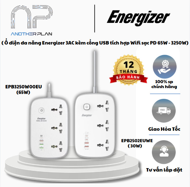 [ Hàng Chính Hãng ] Ổ điện đa năng Energizer 3AC  kèm cổng USB tích hợp Wifi sạc PD 65W chịu tải 3250W