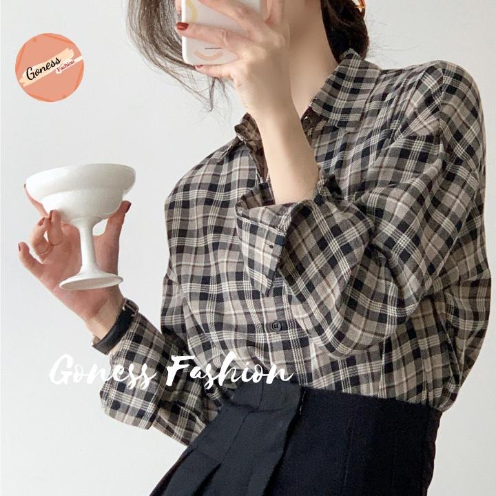 Áo sơ mi nữ Goness dài tay form rộng kiểu sơmi sọc caro đen nâu đẹp thời trang công sở đi học A14