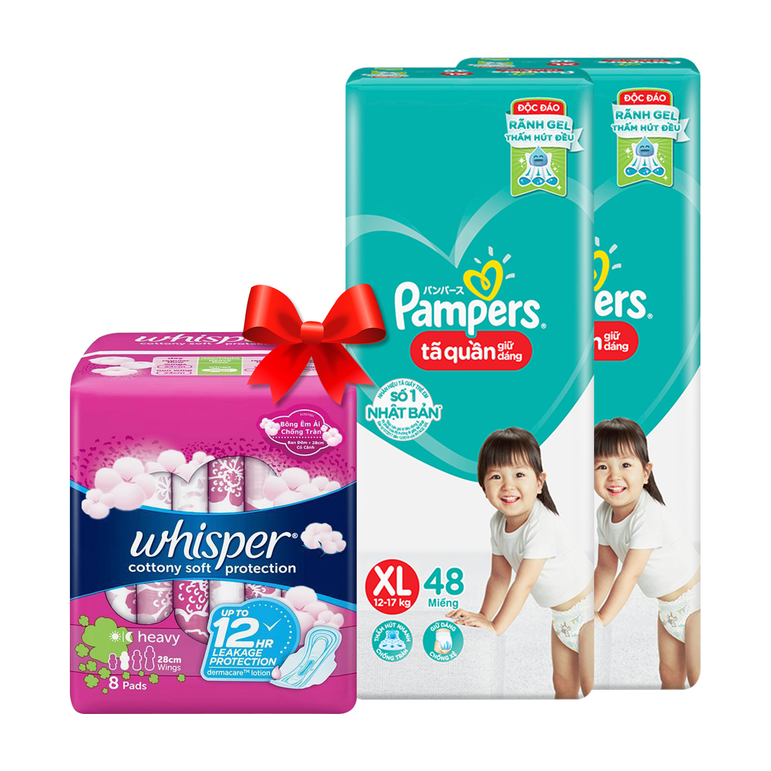 Combo 2 Tã Quần Pampers Giữ Dáng Mới Gói Đại Size XL48 96 Miếng - Tặng Whisper Cotton Có Cánh Ngày Nhiều Và Đêm 28cm