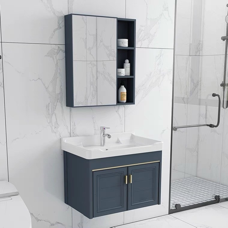 Bộ tủ chậu lavabo phòng tắm bằng nhôm màu xanh treo tường sang trọng