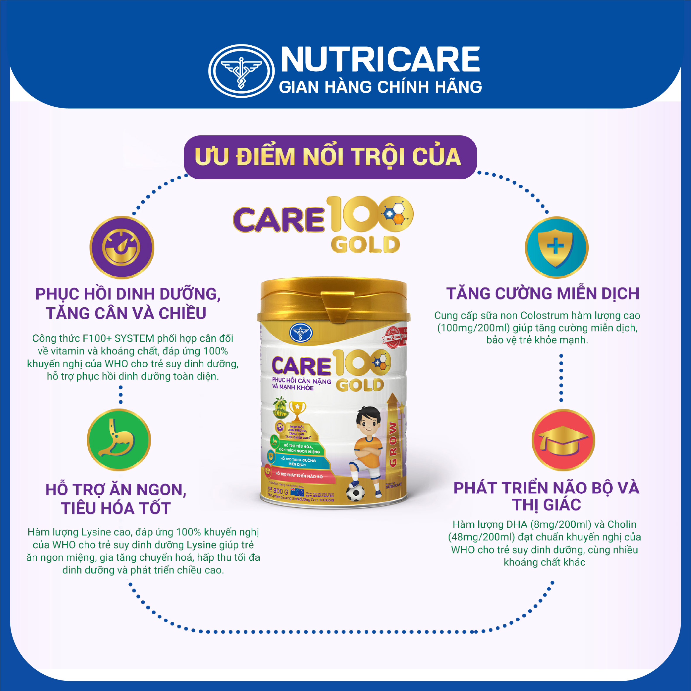 [Tặng 2 lọ yến] Sữa bột Nutricare Care 100 Gold cho trẻ biếng ăn, suy dinh dưỡng 900g