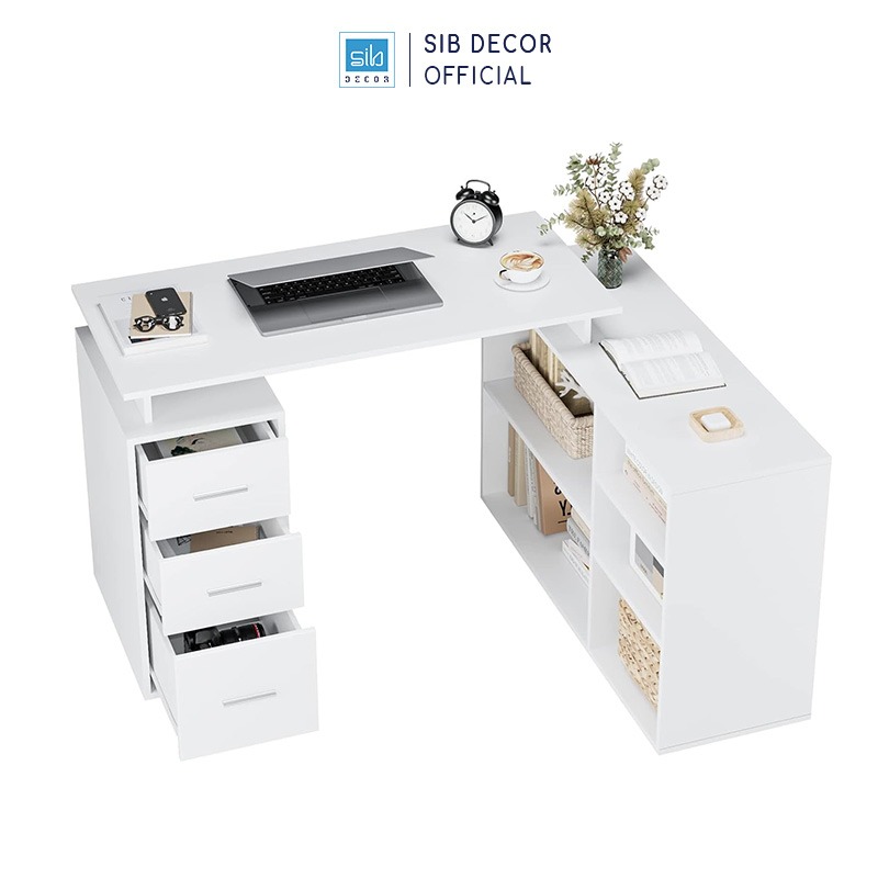 Bàn Làm Việc Góc Chữ L Có 3 Ngăn Kéo Màu Trắng BLV85 Thương Hiệu SIB Decor