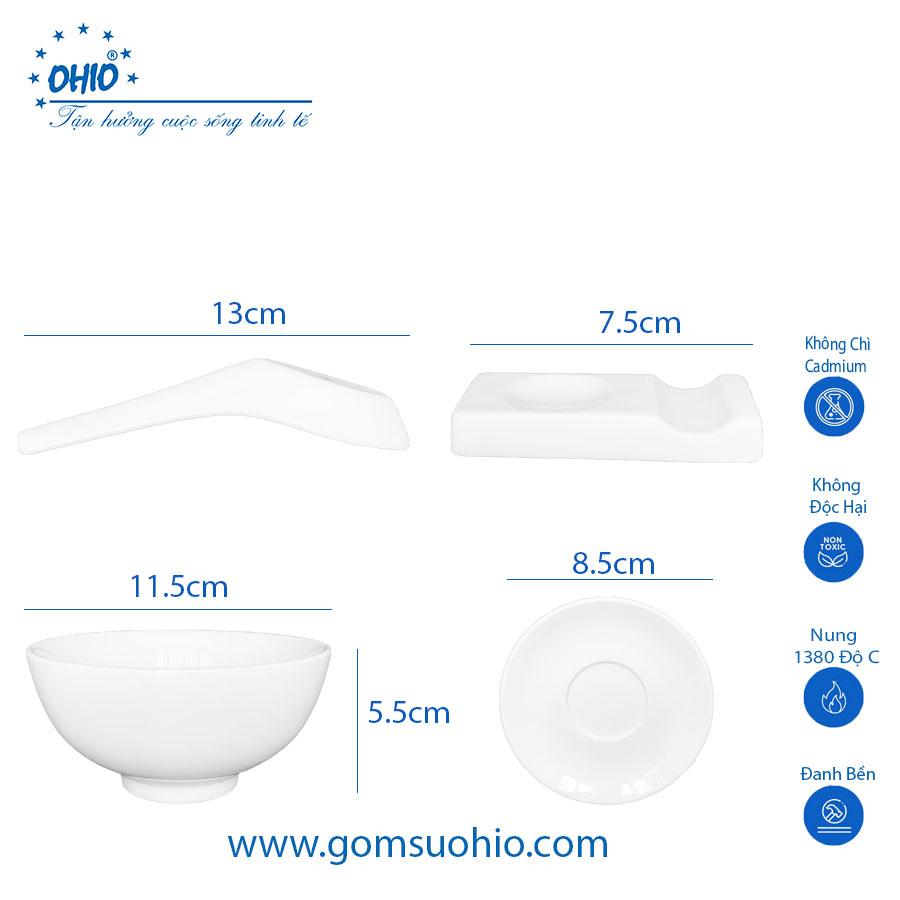 Combo Bộ Đồ Ăn Chén Cơm, Muỗng, Đĩa kê, Gác Muỗng Đũa Sứ Trắng OHIO