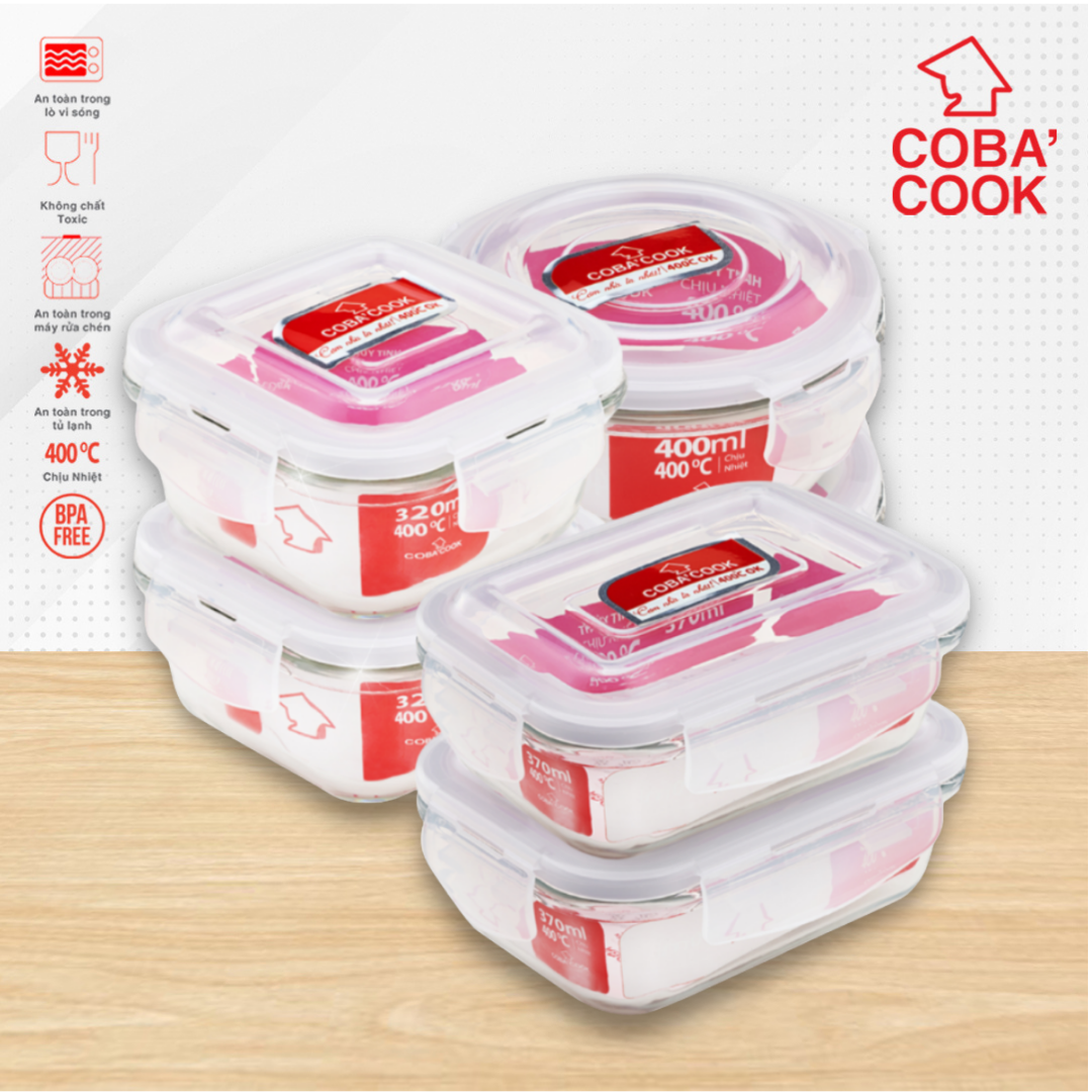 Bộ 6 hộp thủy tinh trữ thực phẩm chịu nhiệt 2 tròn 400ml 2 chữ nhật 370ml 2 vuông 320ml COBA'COOK-CCS3L3R46