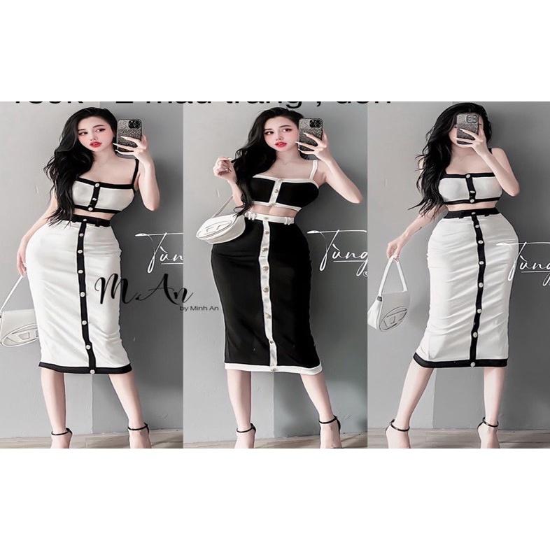 Set Bộ đồ hai mảnh nữ Tương phản áo hai dây kèm chân váy dài ôm body thanh lịch